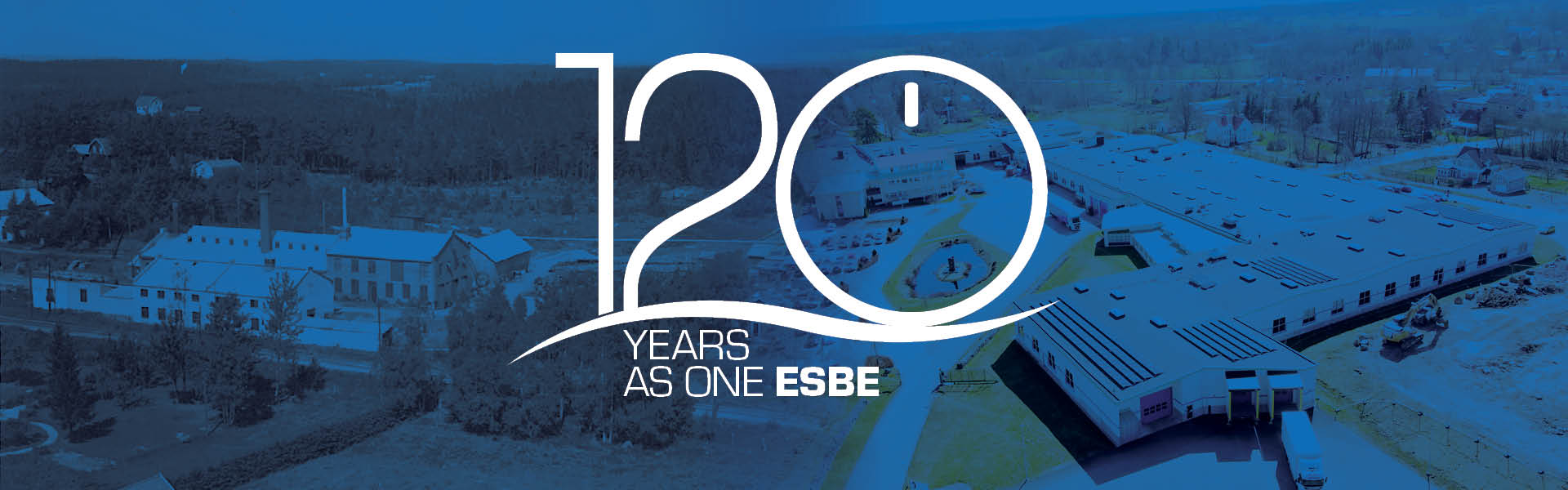 The images show an aerial view of the ESBE factory both from the early 1900s and from the 2020s_1920x600.jpg